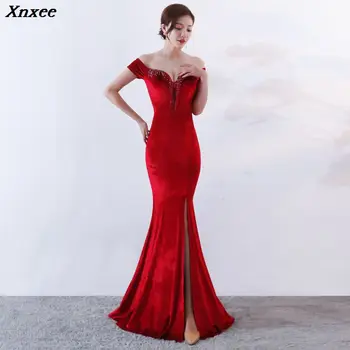 

Xnxee Wine Red Velvet Beige Off The Shoulder Long Mermaid Slim Sexy Slit Women Elegant Club Celebrity Party Dress Vestidos Xnxee