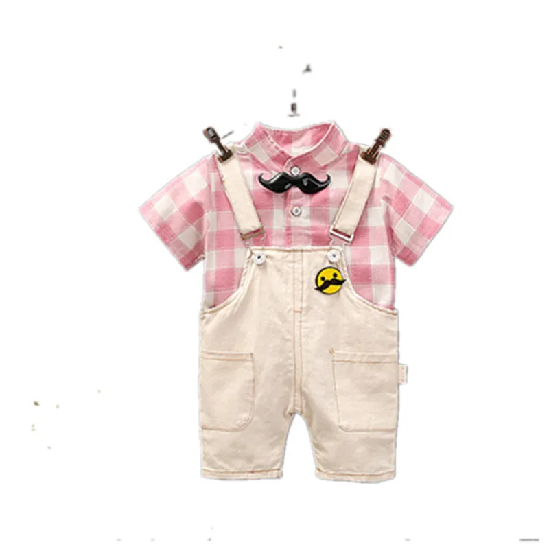

Summer Fashion Boys Girls Infant Clothes gentleman Plaid T-Shirt Bib Pants 2pcs/Sets Cotton Clothing Children Casual Baby suits