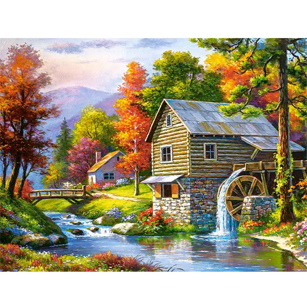 

JEYL Diamond Embroidery Landscape Handmade Diamond Painting Village Needlework Cross Stitch Home Decor
