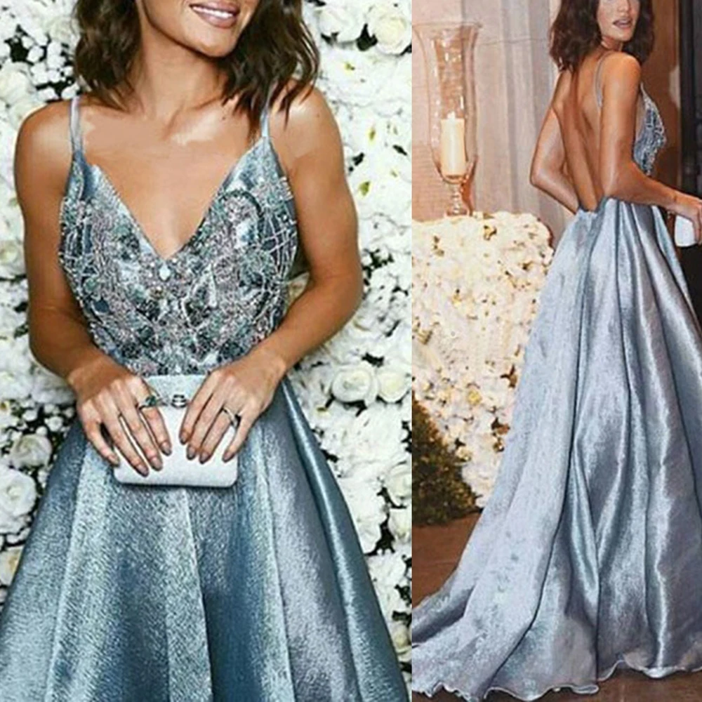

Party Dress Sexy Evening Sequined Maxi Dress Women Deep V-Neck Sling Sleeveless Noble Elegant Backless Floor-Length2019