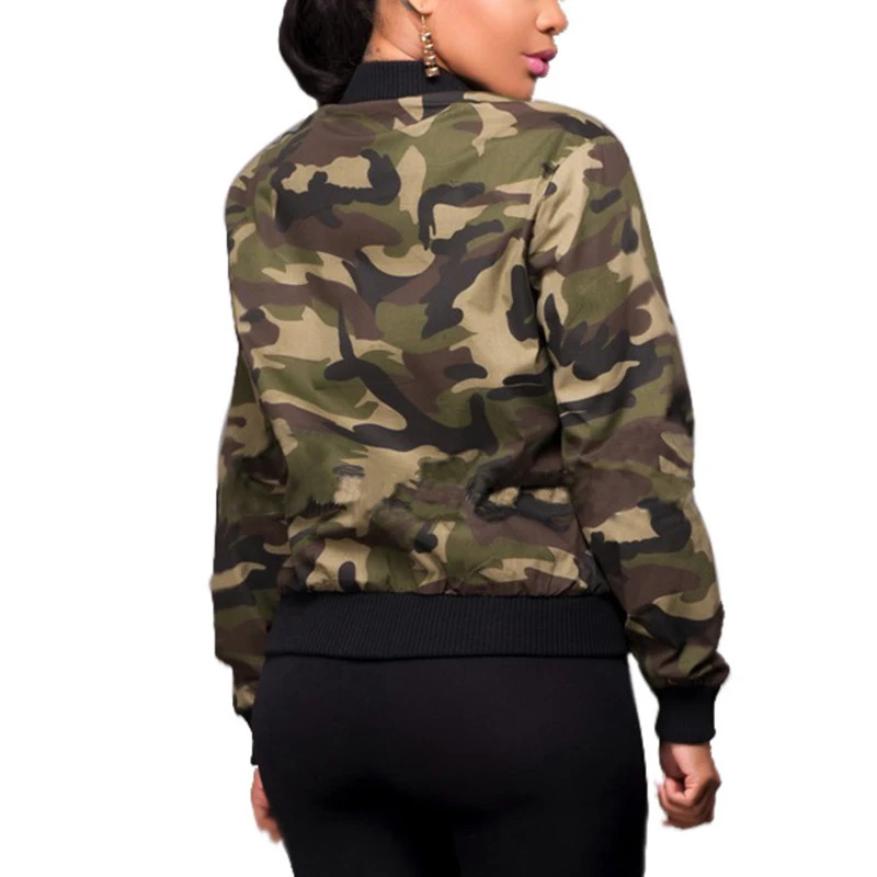 Greatest  Jacket Women Long Sleeve Camouflage Bomber Autumn Casual Coat Military Zipper Slim Cropped Coat wit