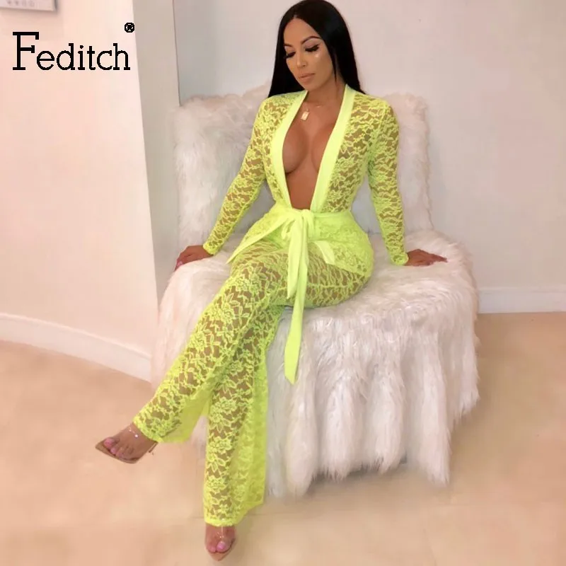 

Feditch Celebrity Elegant Party Jumpsuits For Women Deep V-Neck Long Sleeve Rompers Lace Jumpsuit Bandage Sexy Bodysuits 2019