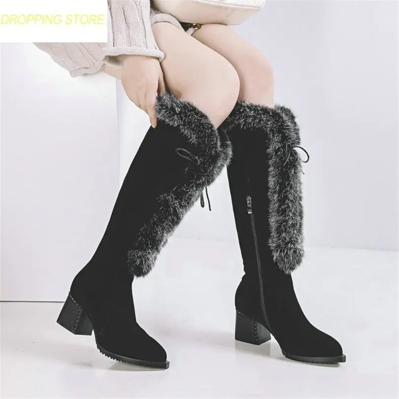 

Women Kid Suede Leather Lace Up High Heel Over The Knee Booties Knee High Fur Pumps Shoes Riding Winter Warm Boots