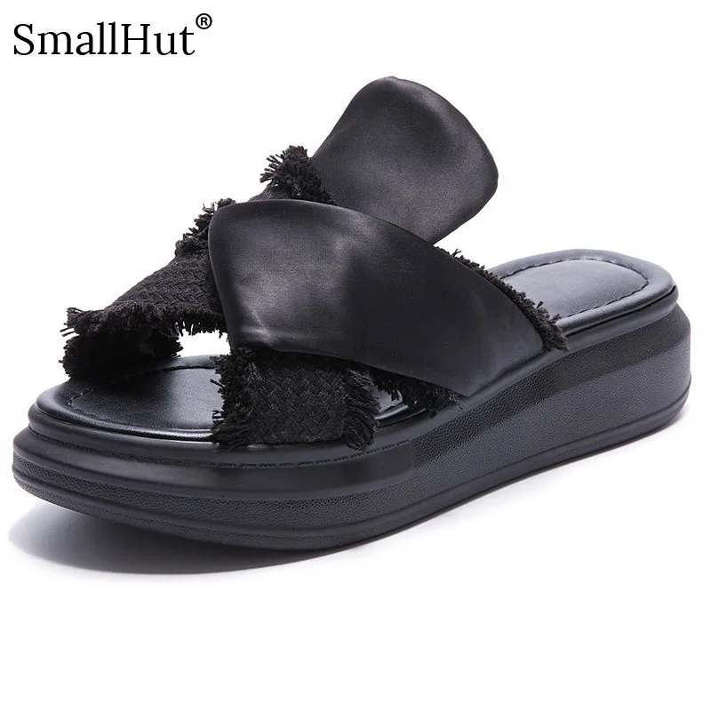 

Genuine Leather Women Slippers Summer Sexy Open Toe Patchwork New Woman Platform Slides Fashion Ladies Rosy Red Flat Shoes E042