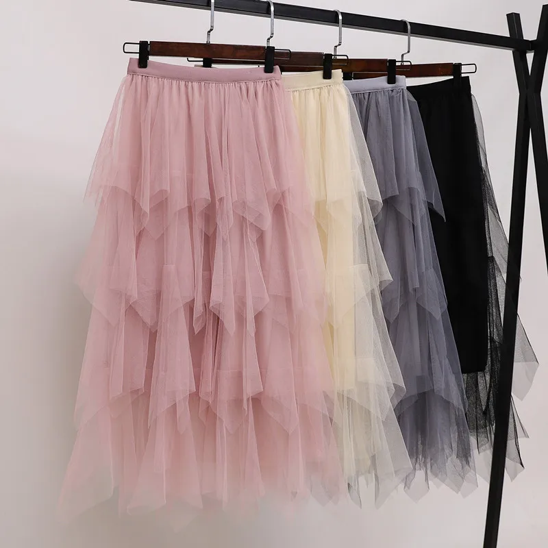 

Plus Size Women Skirts High Waist Pleated Tulle Skirts Womens 2019 Spring Summer Irregular Stitching Fairy Fuffy Skirt