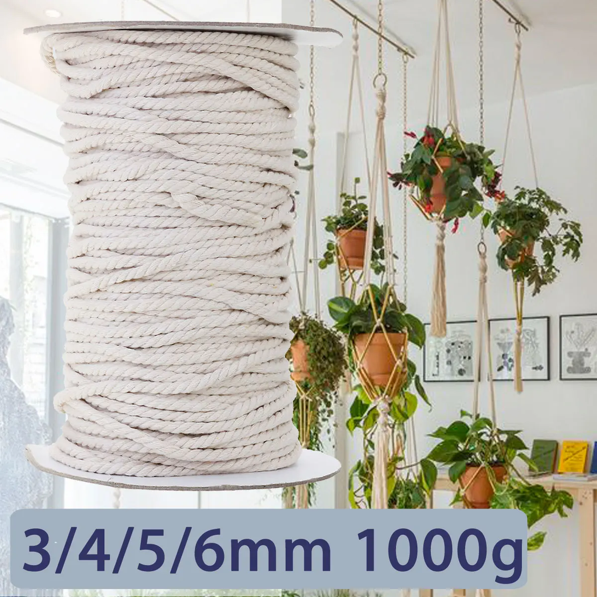 Beste KIWARM 3 4 5 6mm 1000g Witte Katoenen Twisted Gevlochten Koord Touw DIY Thuis Textiel accessoires Craft Macrame String