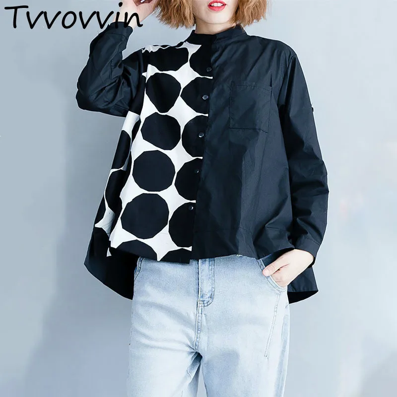 

TVVOVVIN Spring New 2019 Women's Large Size Irregular Dot Patchwork Printing Cotton Linen Long-sleeved Trend Shirt Y031