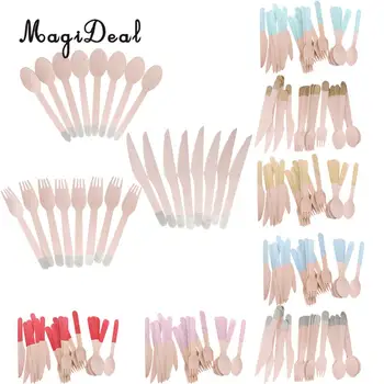 

24pcs/Set Disposable Wooden Utensil Forks Spoons Knives Cutlery Set Wedding Birthday Party Tableware Serveware