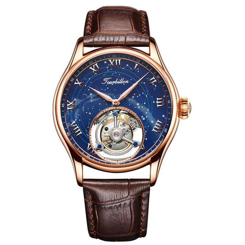 

Customized Luxury Mens Mechanical Watches Star Sky Austrian Crystal Zircons 24K Gold Original Tourbillon Hollow Movement Watches