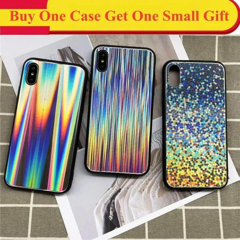 

For iPhone 7 8 6 6S Plus X Silicone Glitter TPU Case Luxury Holographic Mirror Laser Rainbow Dot Stripe Shockproof Cover Bag