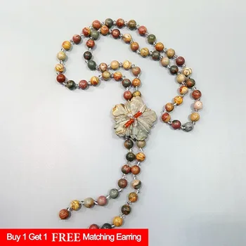 

LiiJi Unique Natural Picasso Jaspers 10mm Beads with Flowers Bohemia Long Necklace 30 Inch Hand Made Jewelry Drop Shipping