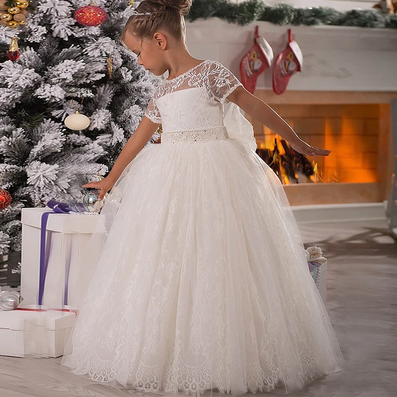 Недорогое Платье с цветочным узором для девочек, бальное платье с аппликацией белого/цвета слоновой кости, с короткими рукавами и круглым