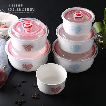 

3 Pcs Set Ceramic Fresh Bowl Salad Soup Bol Ramen Instant Noodle Bento Lunch Box Coconut Big Preservation Bowls Sealing Cover