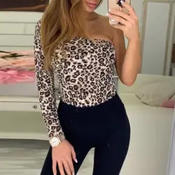 2019 для женщин Bodycon боди Leopard одно плечо с длинным рукавом комбинезон топы рубашка футболка повседневное дамы сексуальный костюм Новая мода