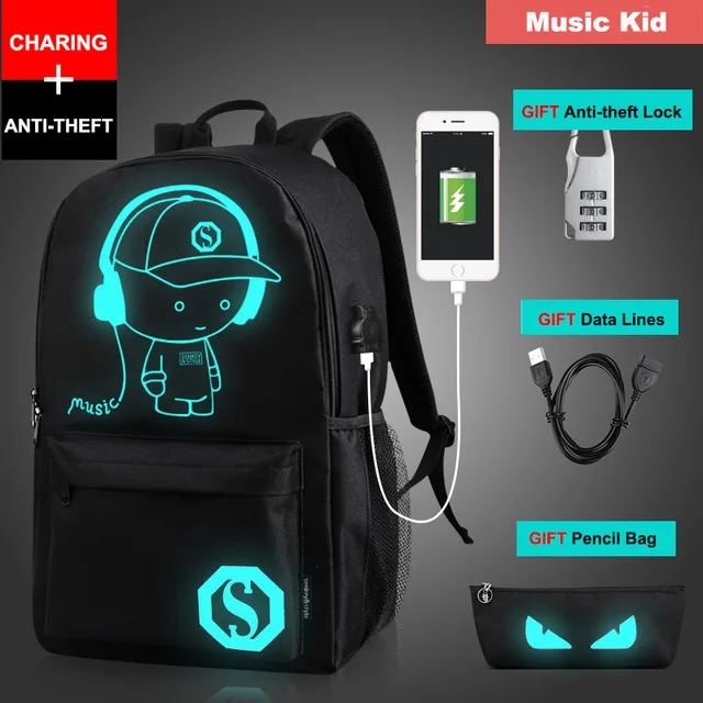 

Women bags Unisex Men Backpacks for School Luminous Backpack Oxford Cartoon Backpack with USB Cable Lock Pencil Bagpack