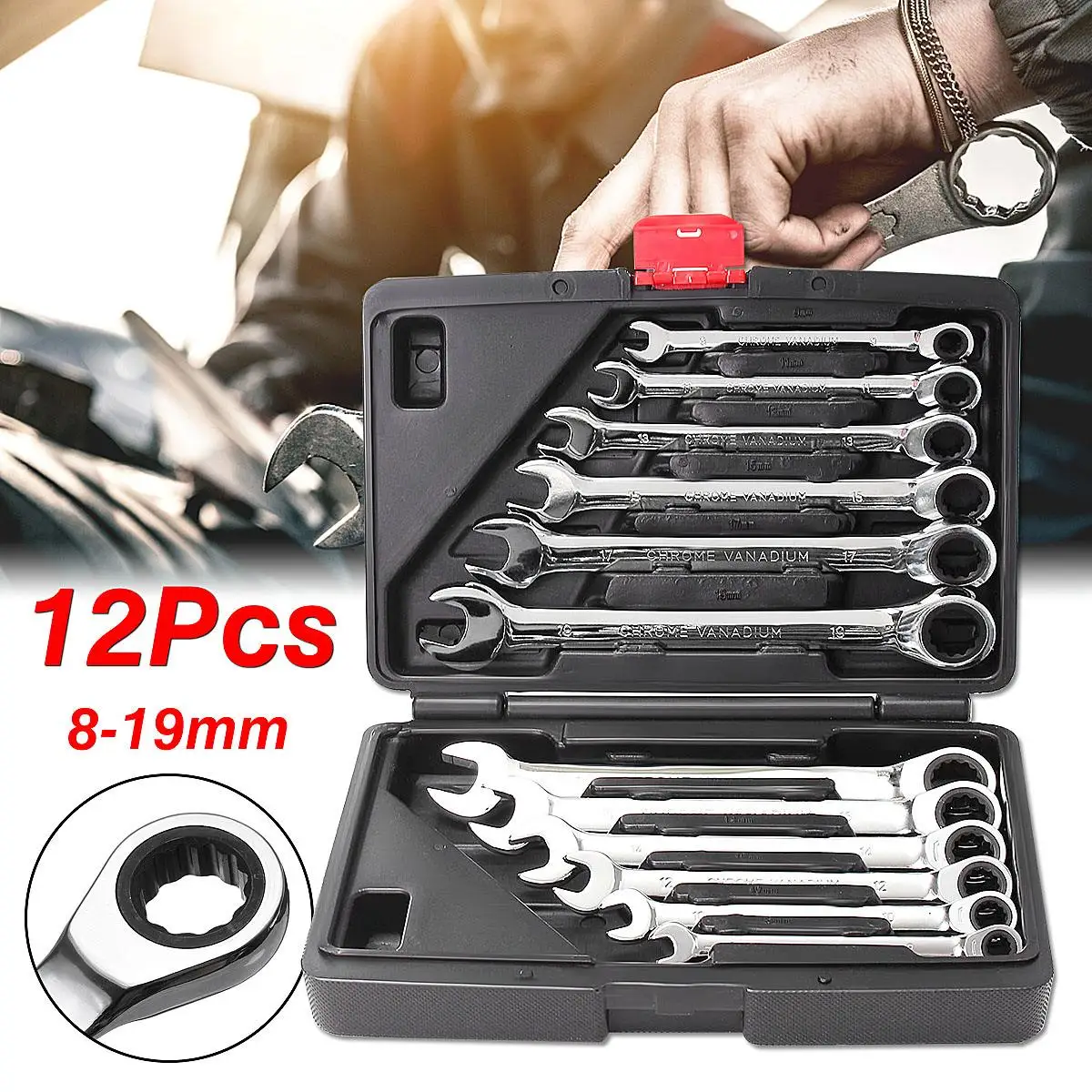

12pc 8-19mm Ratchet Combination Wrench Set Metric Fixed Head Ratchet Gear Spanner Wrench High Torque Spanner Set With Box