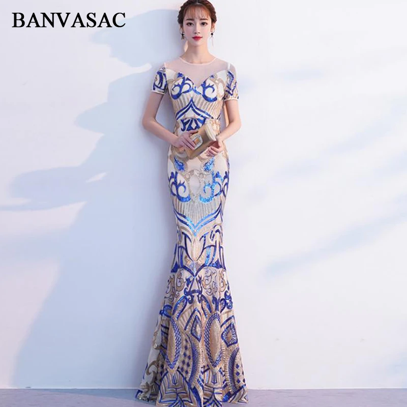 

BANVASAC O Neck 2018 Sequined Mermaid Long Evening Dresses Party Lace Short Sleeve Illusion Zipper Back Prom Gowns
