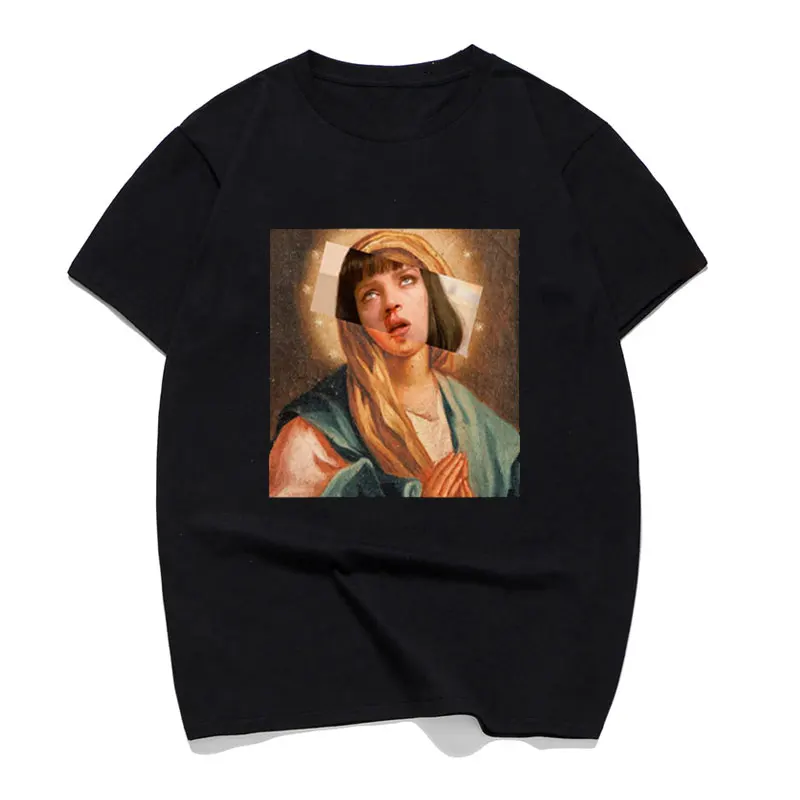 

Fashion Pulp Fiction T Shirt Homme Virgin Mary Mia Wallace TShirt Poster Saint Mia T-shirt Men Cotton Short Sleeve Oneck Top Tee