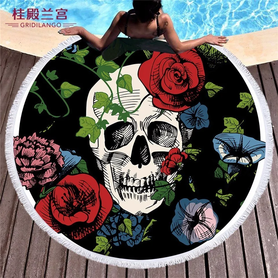 

GRIDILANGO Sugar Skull Hippie Pattern Round Beach Towel For Adult Quickly Absorbtable Swimming Travel Outdoor Blanket Bath Towel