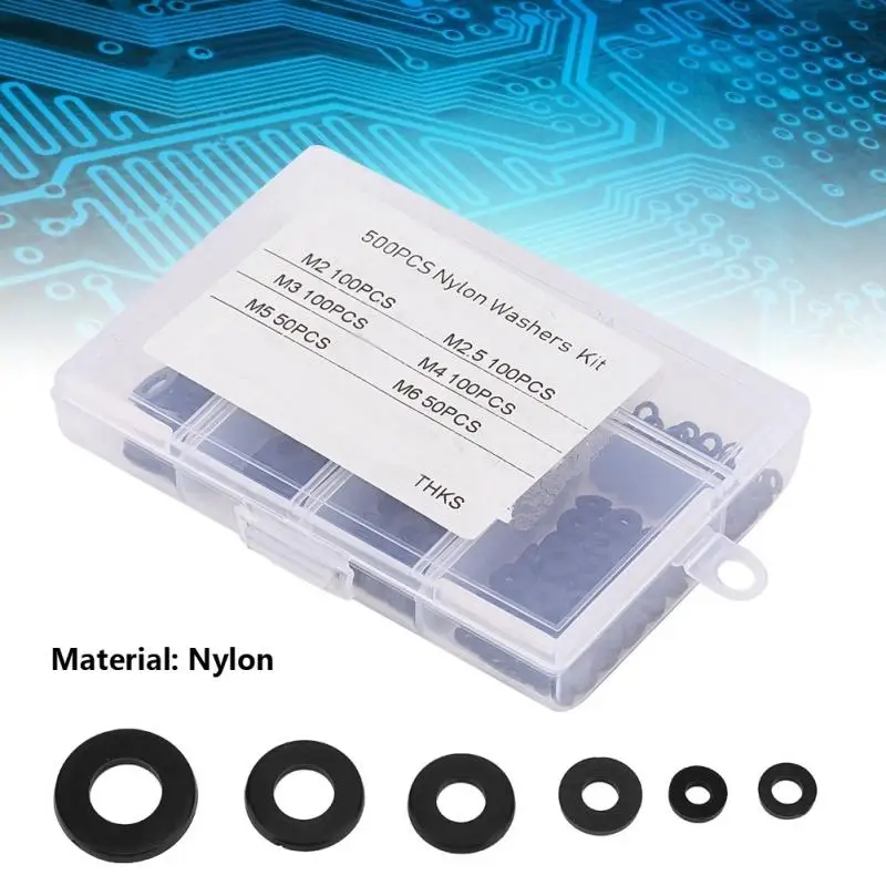 

500Pcs/set M2-M6 Nylon Flat Washer Gasket Plain Washers with Box Assortment Kit Fastener washer gaskets