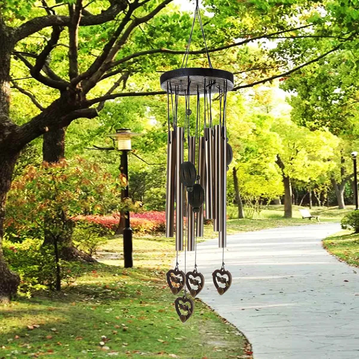 

Wood Windbell Chapel Church Bells Outdoor Yard Garden Hanging Home Decor 9 Tubes Wood And Metal