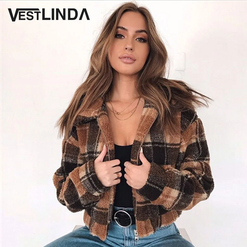 low cost Jacket Women Winter Zipper Short Plaid Jacket Turn Down Collar Long Sleeve Female Clothes Jackets C