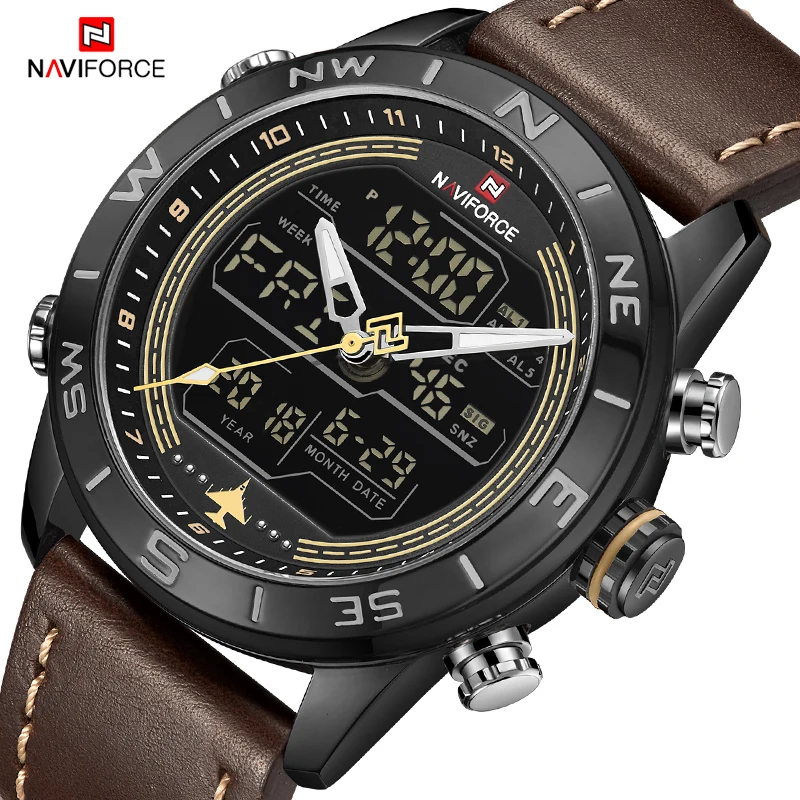 NAVIFORCE 9144 модные золотые мужские спортивные часы светодиодные аналоговые