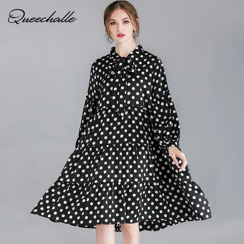 

XL - 4XL Plus Size Chiffon Dress Women 2019 Spring Bow Ties Collar Loose A-line Dress Vintage Black White Dot Print Dress Casual