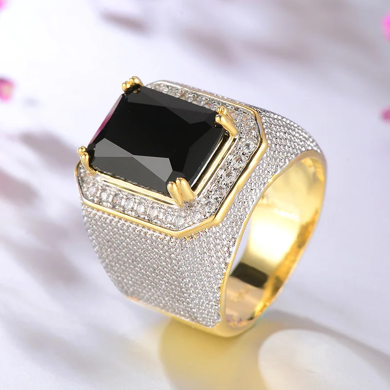 Мода большой площади кольцо с черным камнем для Для мужчин Jewelry Винтаж золото s