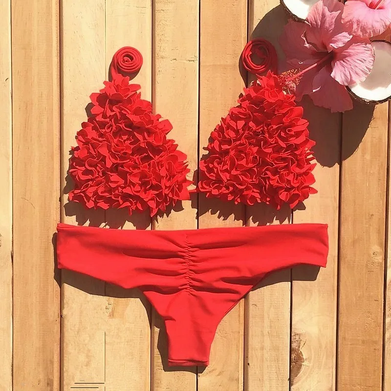 Lefeel Solid Floral Print Bikinis Set Women Sexy Mini Micro Swimsuit Halter Top Bathing Suit Summer Beach Wear Swimwear Biquini |
