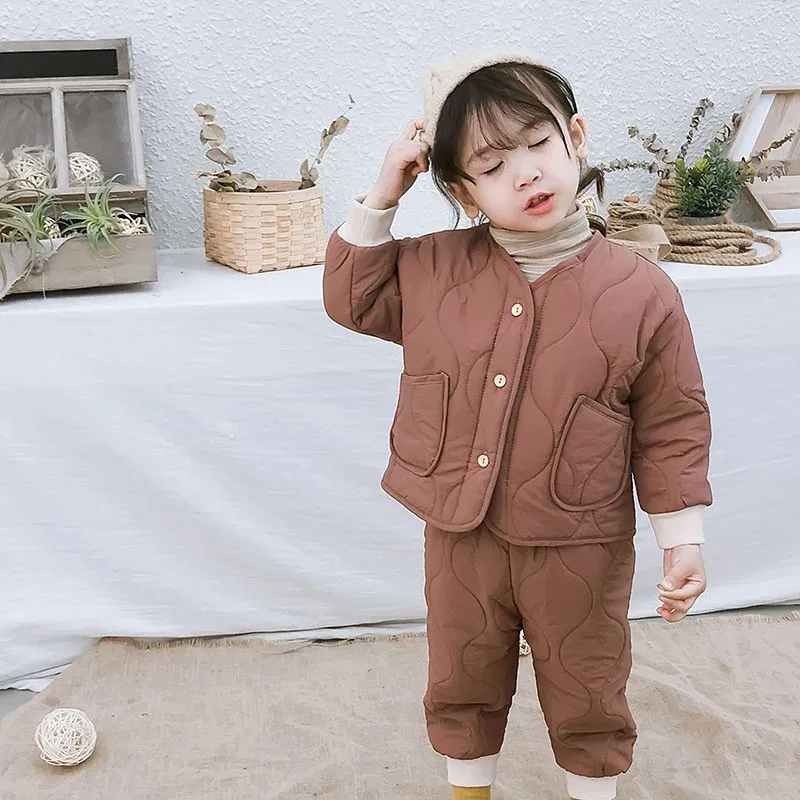 

Cotton Padded Baby Girls Winter Suit Kids Girls Clothes Set 2018 Coats Pant 2pcs Thick Children Toddler Clothing Boys Sets Beige