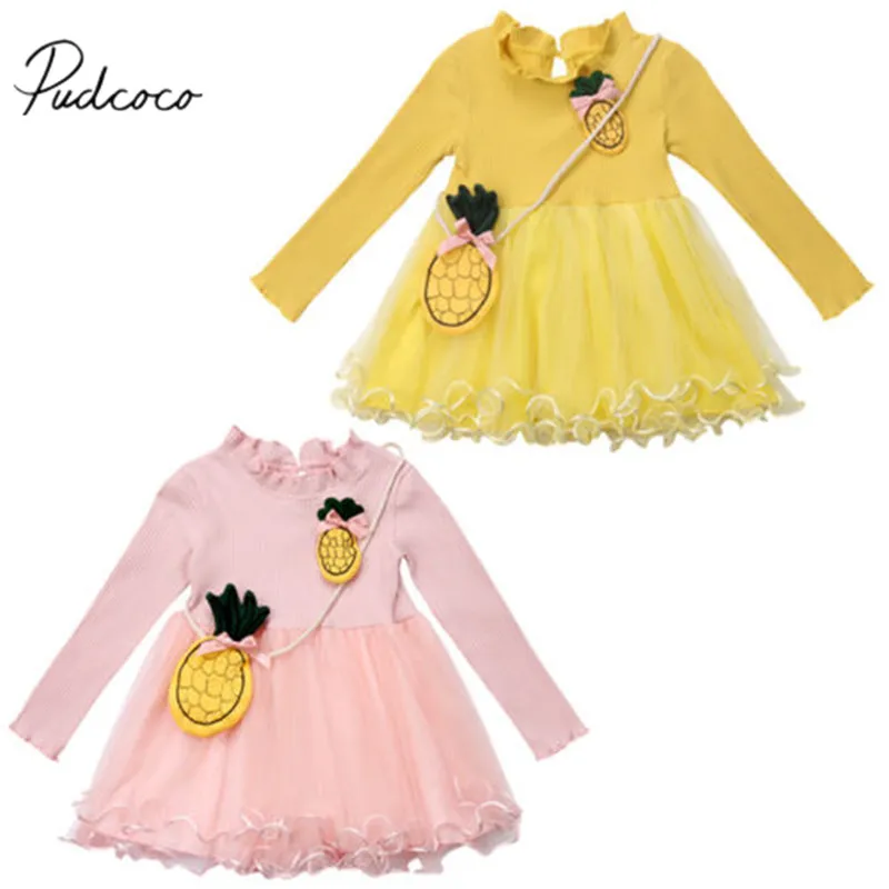 

2018 Brand New Infant Baby Girls Autumn Princess Dress+Pineapple Bag 2PCS Lace Patchwork Ruffles Chiffon Tutu Sweater Dress 0-3T