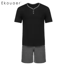 Ekouaer мужские летние комплект пижамы v-образный вырез с коротким рукавом Свободная футболка шорты с высокой талией пижамы ночное белье одежда для отдыха