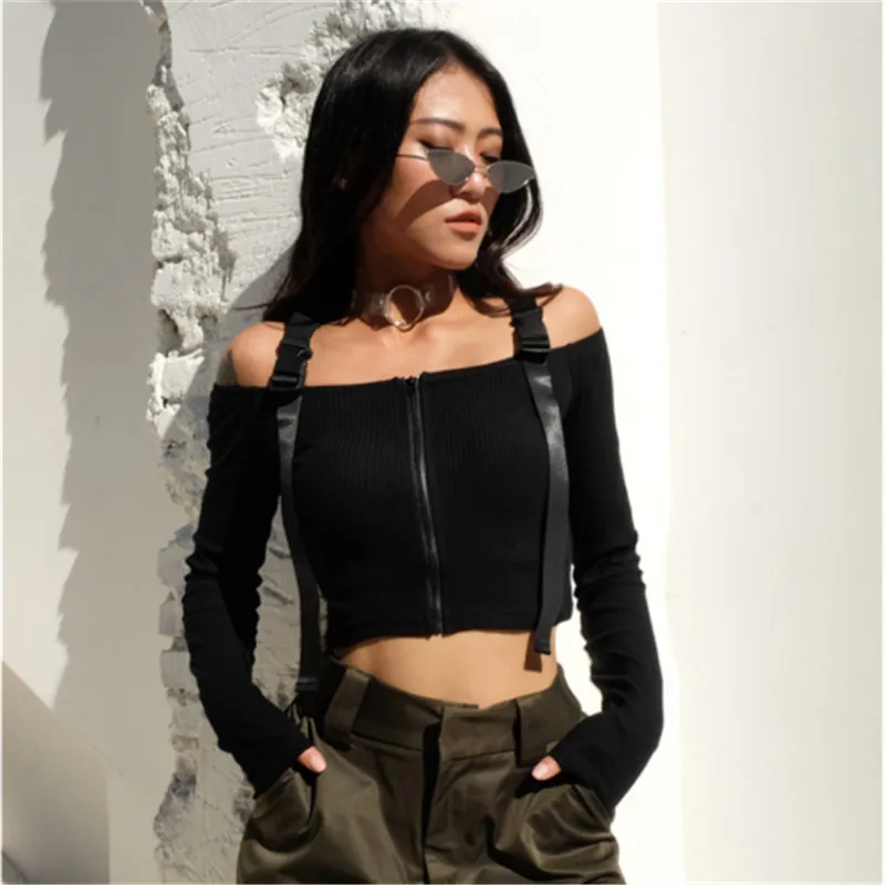 

Trendy Women clothes Off Shoulder zipper strap solid Tops cotton casual Long Sleeve Slim T-shirts one pieces