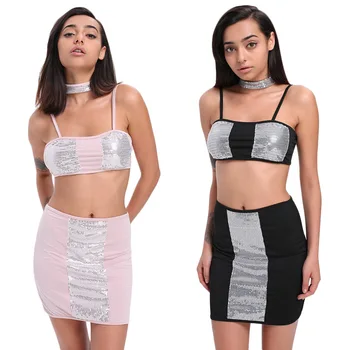 

VESTLINDA Three Pieces Set Women Sexy Spaghetti Strap Backless Sequin Choker Crop Tank Top Camis Women Sexy Hip Skirt On Sale