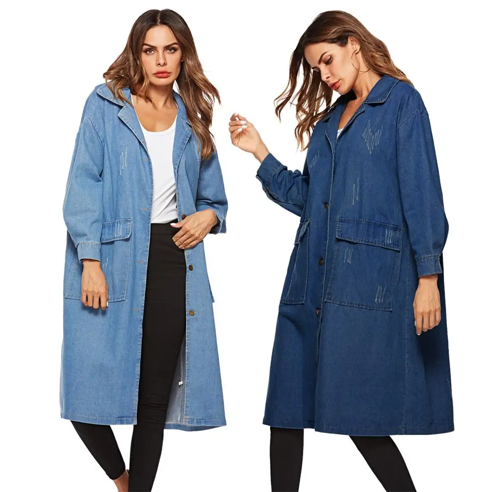 Women Casual Long Coat Denim Loose Outwear Oversized Lapel Collar Jean