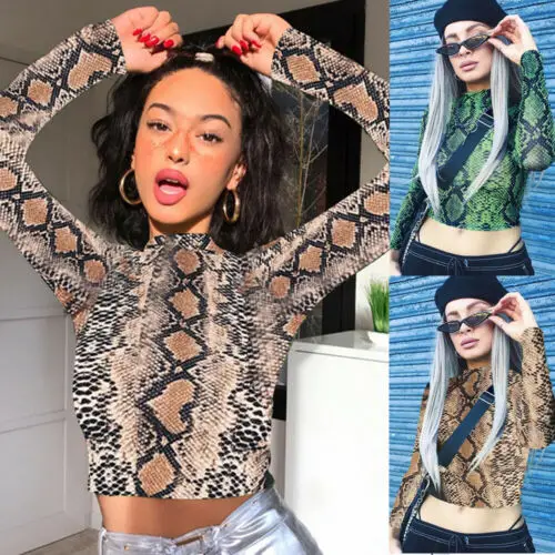 Женский укороченный топ со змеиным принтом повседневная Водолазка с длинным