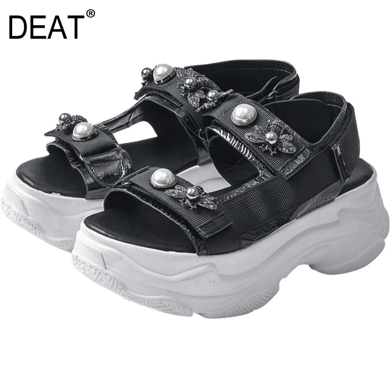 

[DEAT] 2019 New Spring Summer Round Toe Shallow Pu Leather Hook Bead Metal Wedges High Heels Sandals Women Fashion Tide 10C459