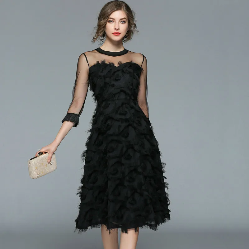 

Sexy Mesh Black Dress 2019 Summer Women Fashion Hollow Out Dresses Tassel Feather Casual Slim Vintage Party Vestidos