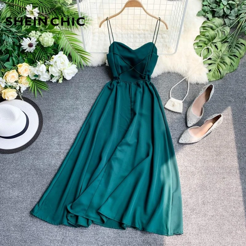 

Summer 2019 Runway Designer Women Midi Dress Elegant Green White Red Pink Black Spaghetti Strap Dress Sexy V Neck Club Vestido