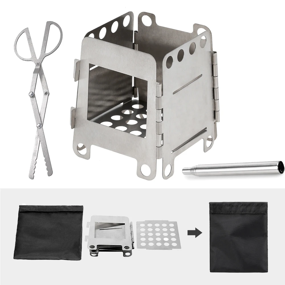 

Outdoor Lightweight Folding Stainless Steel/Titanium Stove Wood Stove Pocket Stove with Log Grabber Tweezers/Collapsible Bellow