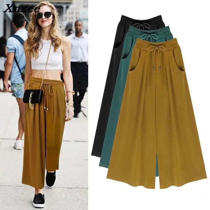 

Loose women summer wide leg pants elastic waist with pockets office casual trousers beachwear Xnxee