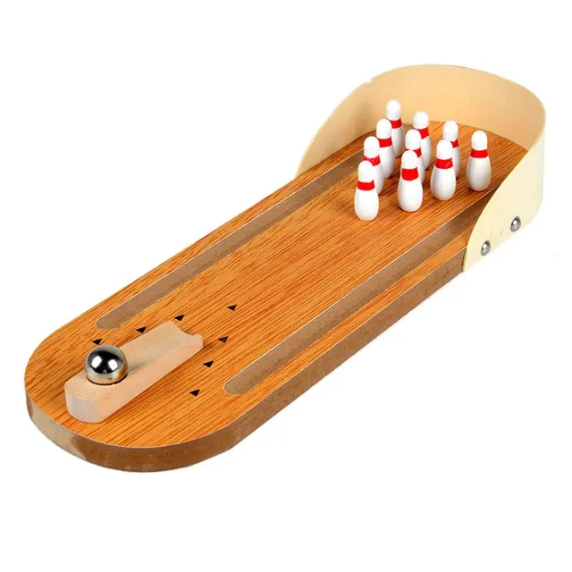 Cheap Mini Desktop Bowling Game Set Wooden Bowling Alley Ten Metal Pin Ball Desk