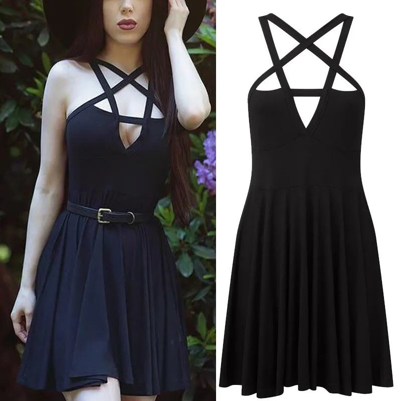 

Summer Women Sexy Hollow Out Star Mini Dress Gothic Halter Black Pentagram Goth Dress Slim Sleeveless High Waist Pleated Dress
