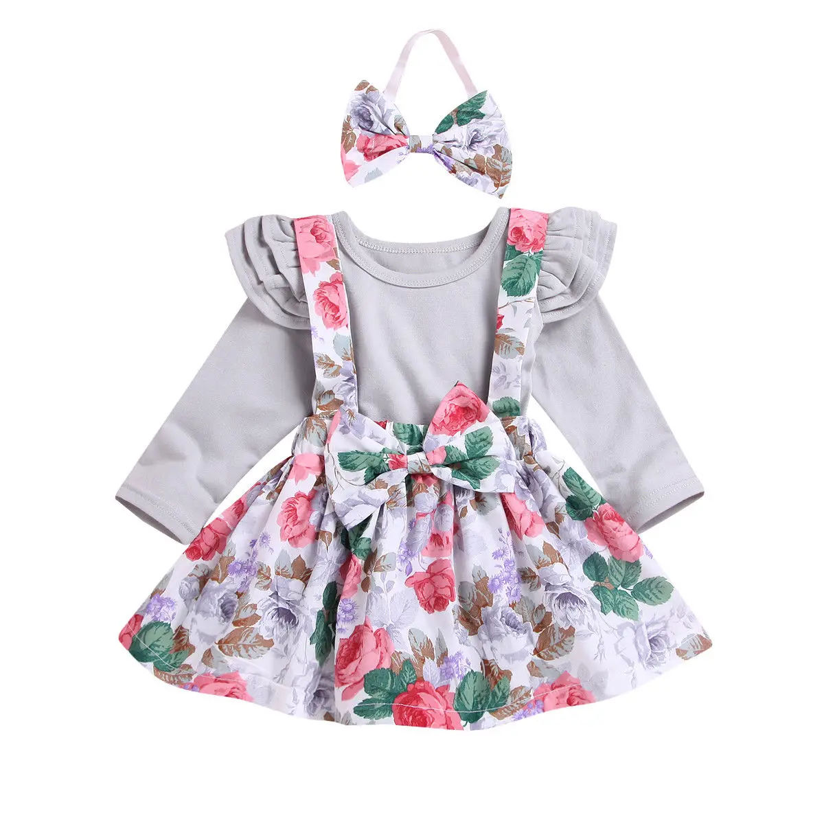 

Toddler Baby Girls Princess Sweet Autumn Clothes 3PCS Ruffle Sleeve Jumpsuit Top Bow Floral Suspender Dress+Headband Outfit Set