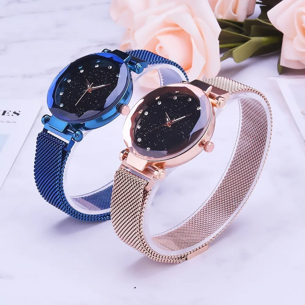 Роскошные сетчатые женские часы с магнитной пряжкой, звездная Бриллиантовая Геометрическая поверхность, повседневные кварцевые наручные часы для женщин, розовые часы