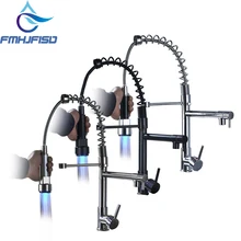 Выдвижной кухонный кран поворотный носик с одним отверстием, смеситель для раковины, кран на бортике, светодиодный, изменение цвета, двойной кран для раковины, латунь