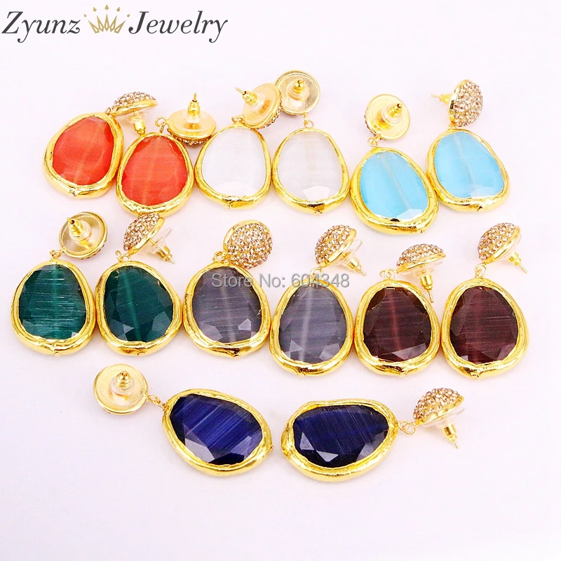 

5Pairs ZYZ328-2675 Natural cat eye stone earrings wholesale earrings with rhinestone dangle jewelry earring