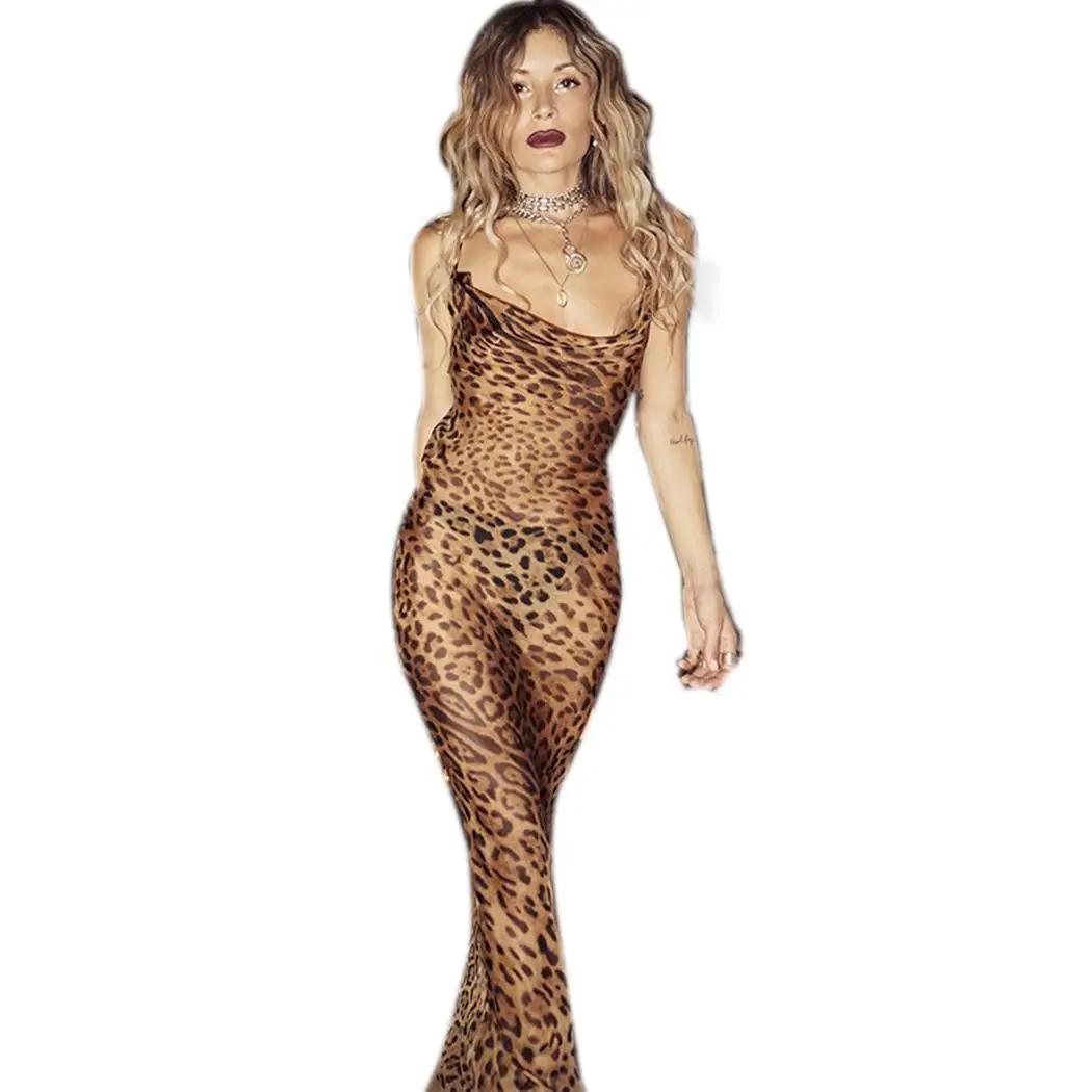 

Women Casual Strapless Collar Sleeveless Spaghetti Strap Summer Leopard Print Pullover Dress Slim Floor Length