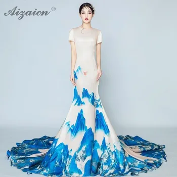 

New Nation Wind Cheongsam Chinoise Satin Dress Qi Pao Chinese Traditional Evening Gown For Women Qipao Modern Stage Show Dresses